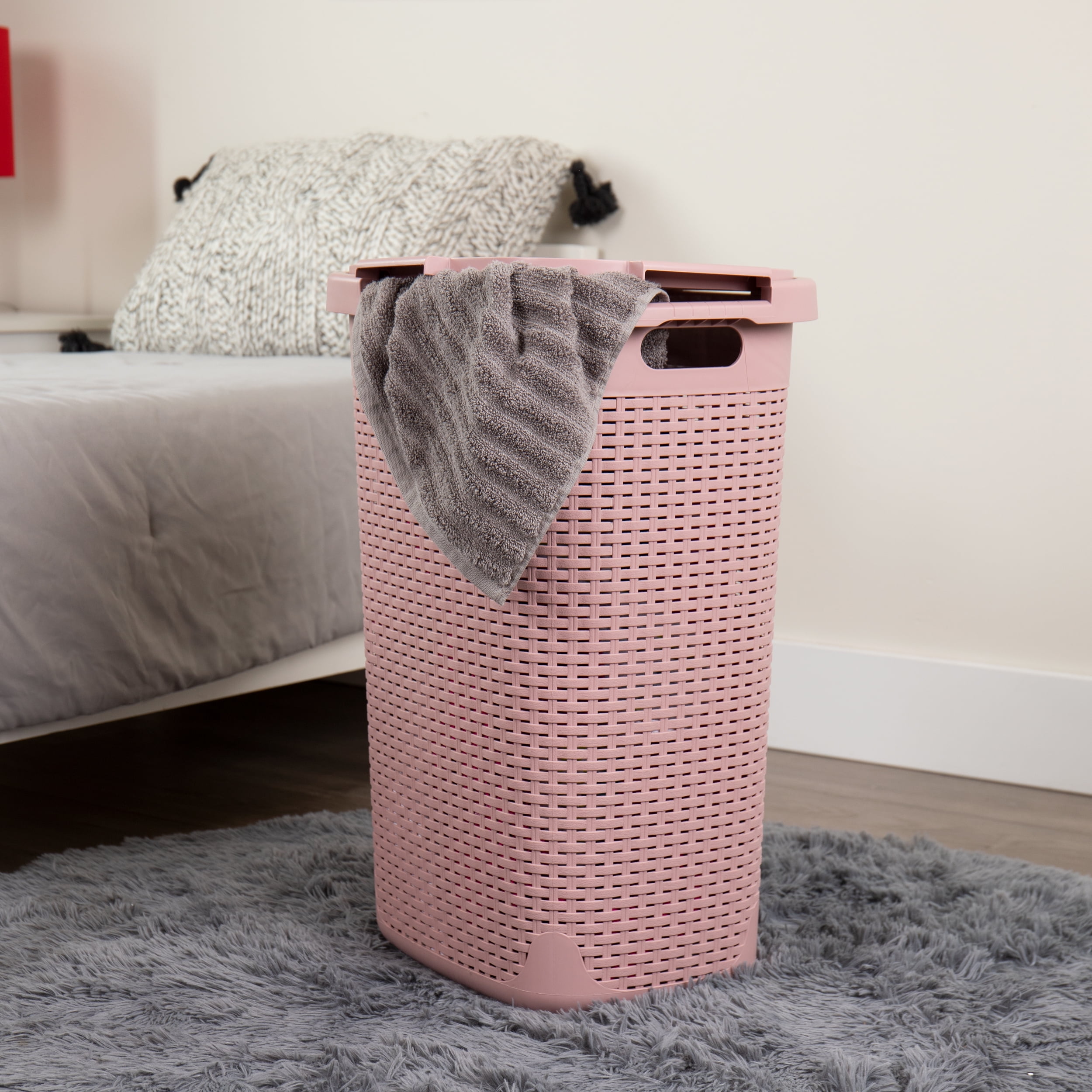 Mind Reader 60L Slim Laundry Hamper, Clothes Basket, Lid, Wicker Style, Plastic, 17.65"L x 13.75"W x 24.15"H, Set of 2, Pink