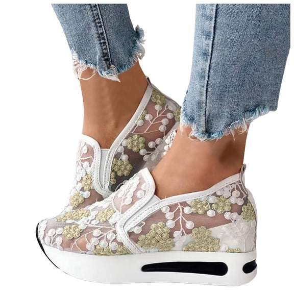 Modstep Lace Floral Sneakers for Women Platform Breathable Slip on Walking Shoes Embroidery Mesh Dressy Wedge Shoe size 7 Yellow