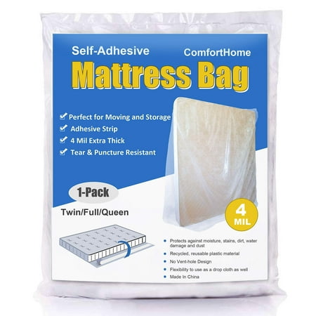 Stripe Twin Pack ComfortHome 4 Mil Extra Thick Sealable Mattress Bag with Adhesive Strip for Moving and Storage, Fits Twin, Full and Queen Size, 1 Pack 1-pack Twin/Full/Queen ()