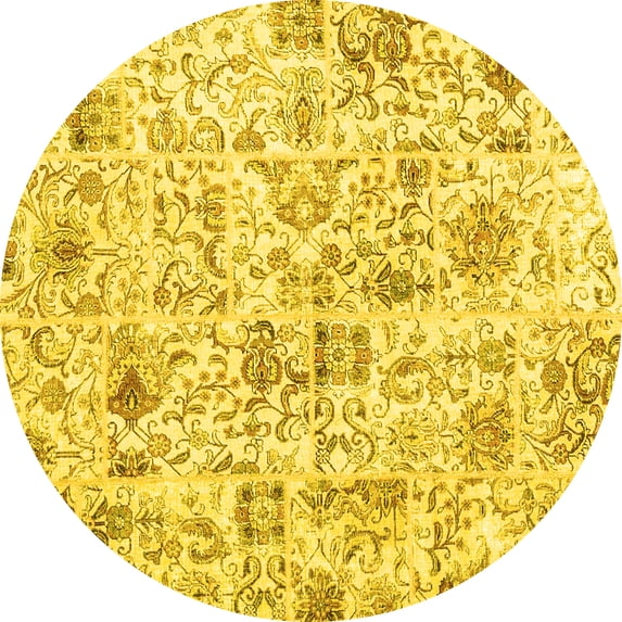 Ahgly Company Machine Washable Indoor Round Patchwork Yellow Transitional Area Rugs, 3' Round
