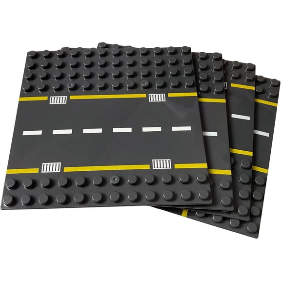 Games Building Block Road Base Plates for Large Blocks 7.5" x 7.5", 4 Street Baseplates (2 Straight & 2 Curved Roads) Compatible with Major Brands, STEM Learning