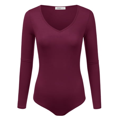 Doublju Women s Long Sleeve V-Neck Stretchy Bodysuit Tops (Plus Size Available)