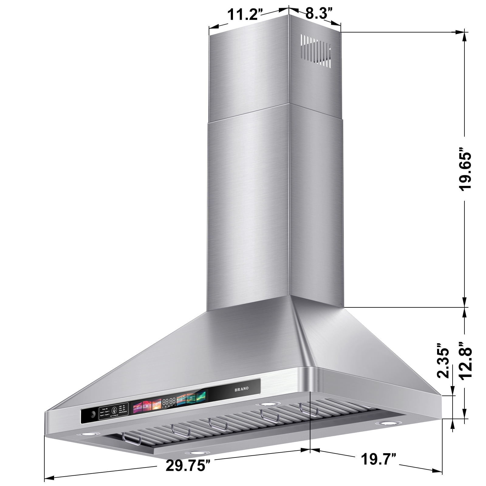 Brano 30 Inch Stainless Steel Wall Mount Range Hood, Ducted Exhaust Vent, Voice & Touchpad Control, 900 CFM