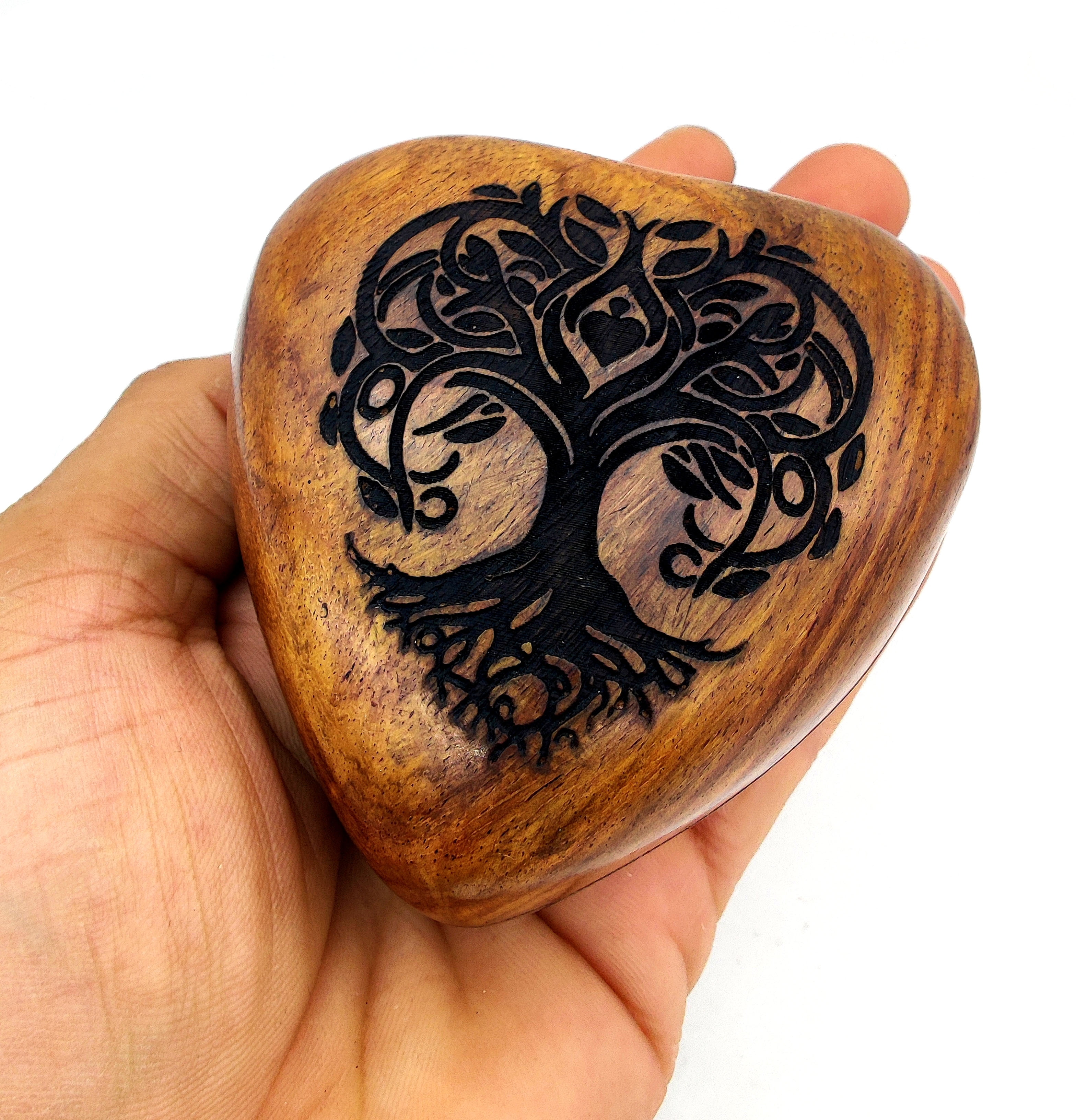 5MOONSUN5's Wooden Heart Tree Of Life Engraved Urn Keepsake Cremation Urn for Human pet Ashes Handcrafted Urn Heart Shaped - Perfect for Adults & Infants with Brass Stand 3 inch