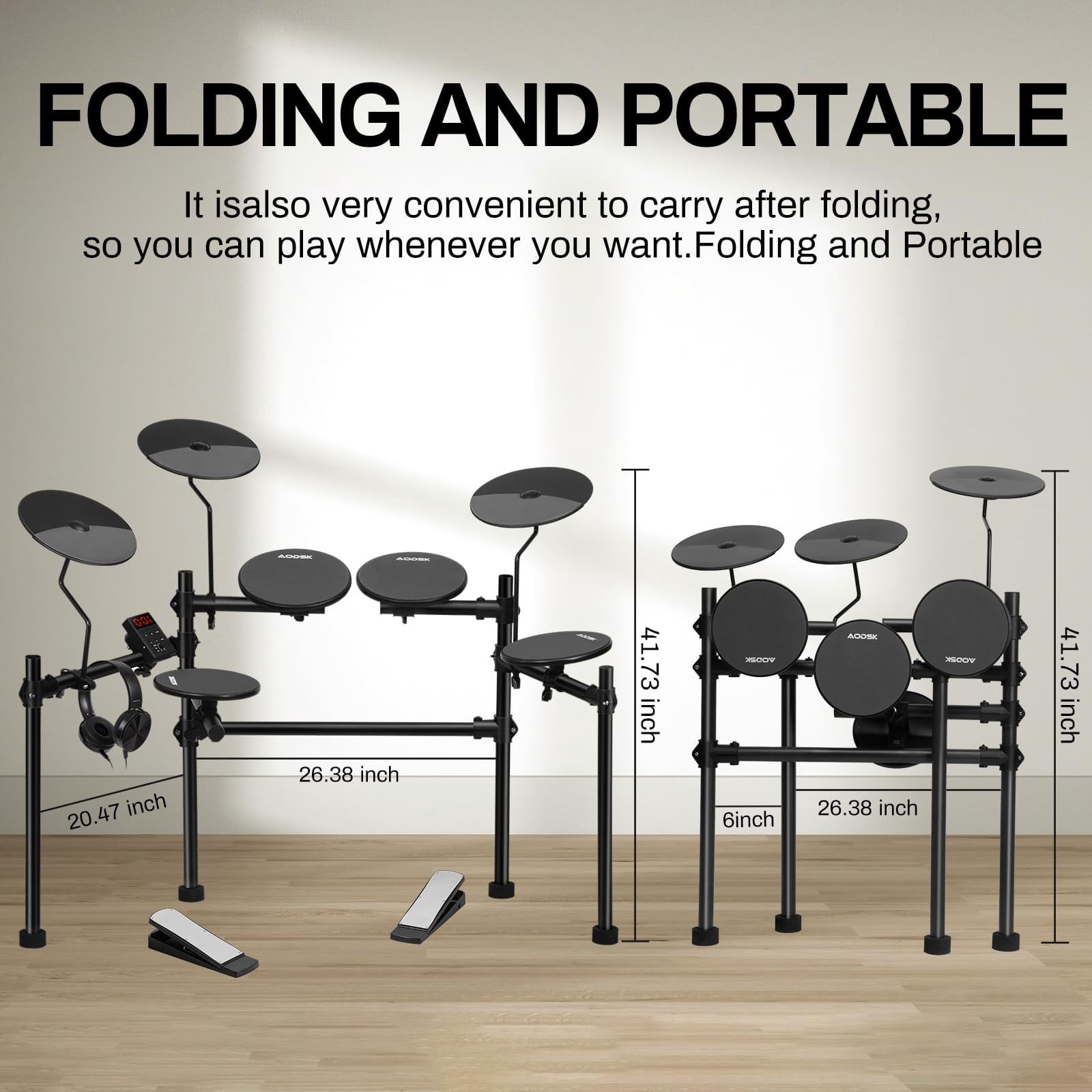 AODSK Electric Drum Set for Beginners with 4 Quiet Pads – 200+ Sounds, 2 Switch Pedals, Foldable Frame, Includes Throne, Sticks & Headphones
