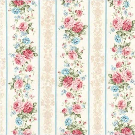 Stripe Quilt Fabric - Anna~ Small Rose Bouquets Blue Stripe Border - Kaufman Cotton Fabric