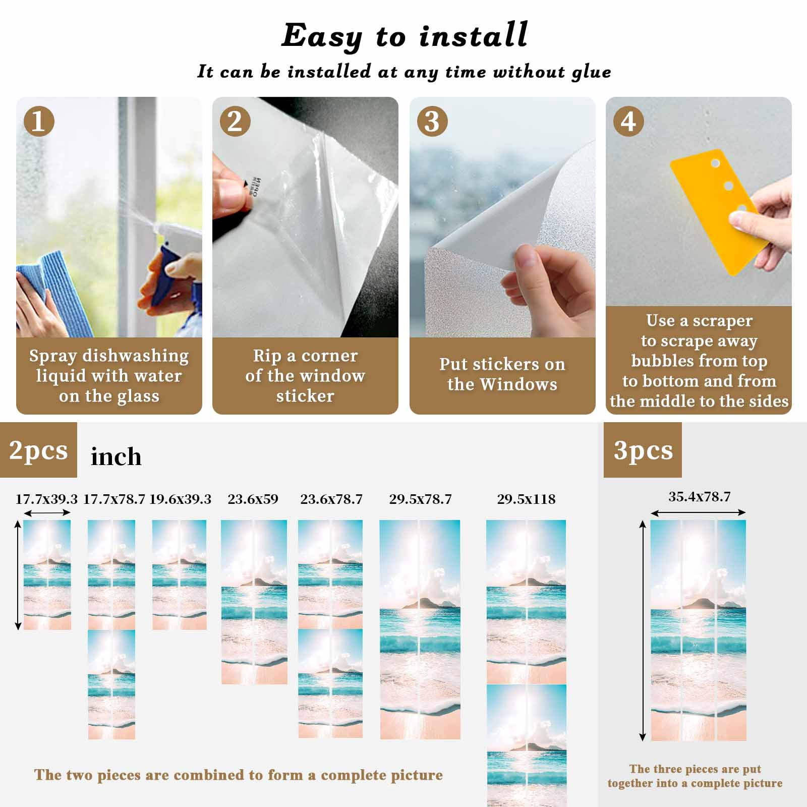 Summer Blue Sky Window Privacy Film, Modern Style Ocean Beach Wave Frosted Glass Window Clings Static Cling UV Heat Blocking Reusable Door Sticker for Bathroom 23.6 x 59 Inch