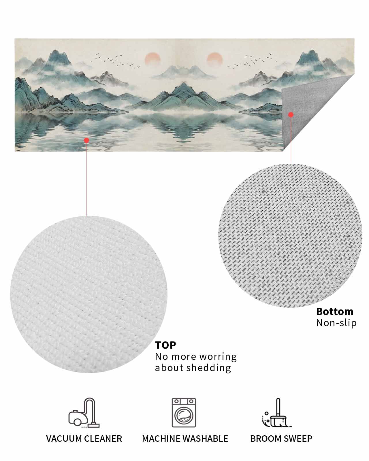 Oriental Front Door Mat Traditional Ethnic Art Chinese Landscape Ink Painting Welcome Doormat Indoor Outdoor Entrance Floor Mat Non-Slip Washable Runner Rug for Front Porch Decor 20x63 Inch