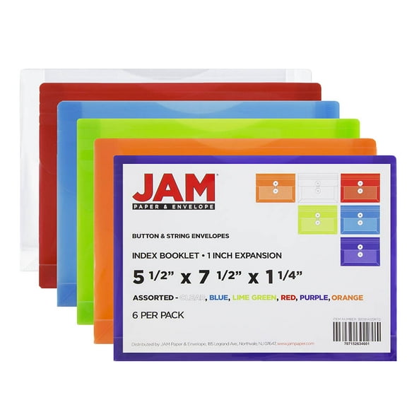 JAM Paper Plastic Envelopes, 5 1/2 x 7 1/2, Assorted, Button String, 6/Pack