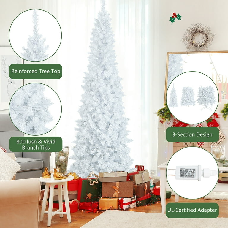 Costway 7FT Skinny Pre-Lit Collapsible Pencil Christmas Tree White