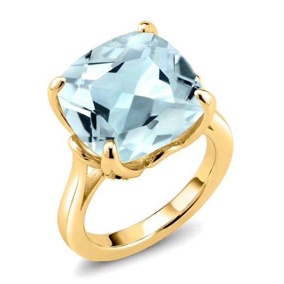 Gem Stone King 18K Yellow Gold Plated Silver Sky Blue Simulated Aquamarine and Black Diamond Engagement Ring for Women (10.92 Cttw, 14MM Cushion, Size 7)