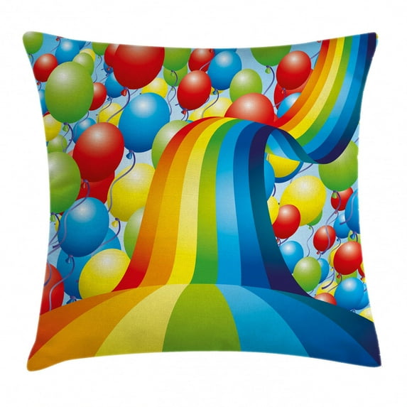 Birthday Decorations Throw Pillow Cushion Cover, Many Vibrant Balloons Wavy Rainbow Ribbons Festive Celebration Mood, Decorative Square Accent Pillow Case, 18 X 18 Inches, Multicolor, by Ambesonne
