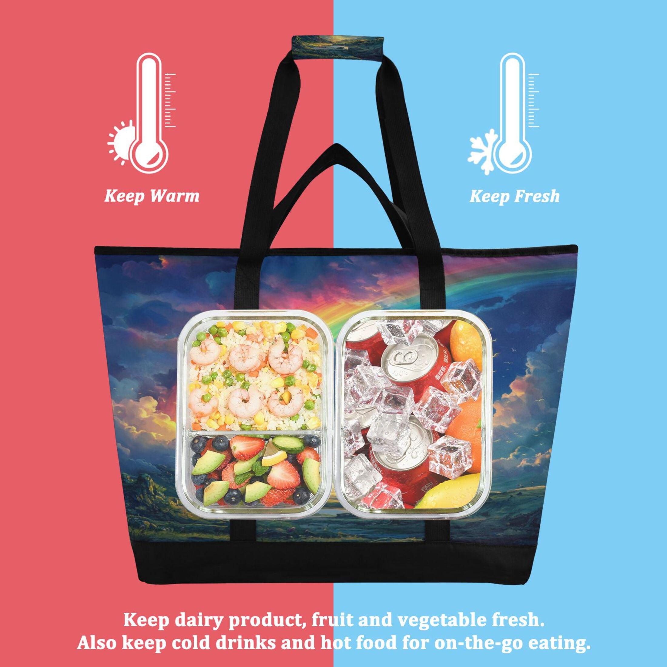 Large Hand-held Ice Pack Picnic Bag Insulation and Refrigeration Suitable for Shopping Picnics and Camping Super Cool Rainbow