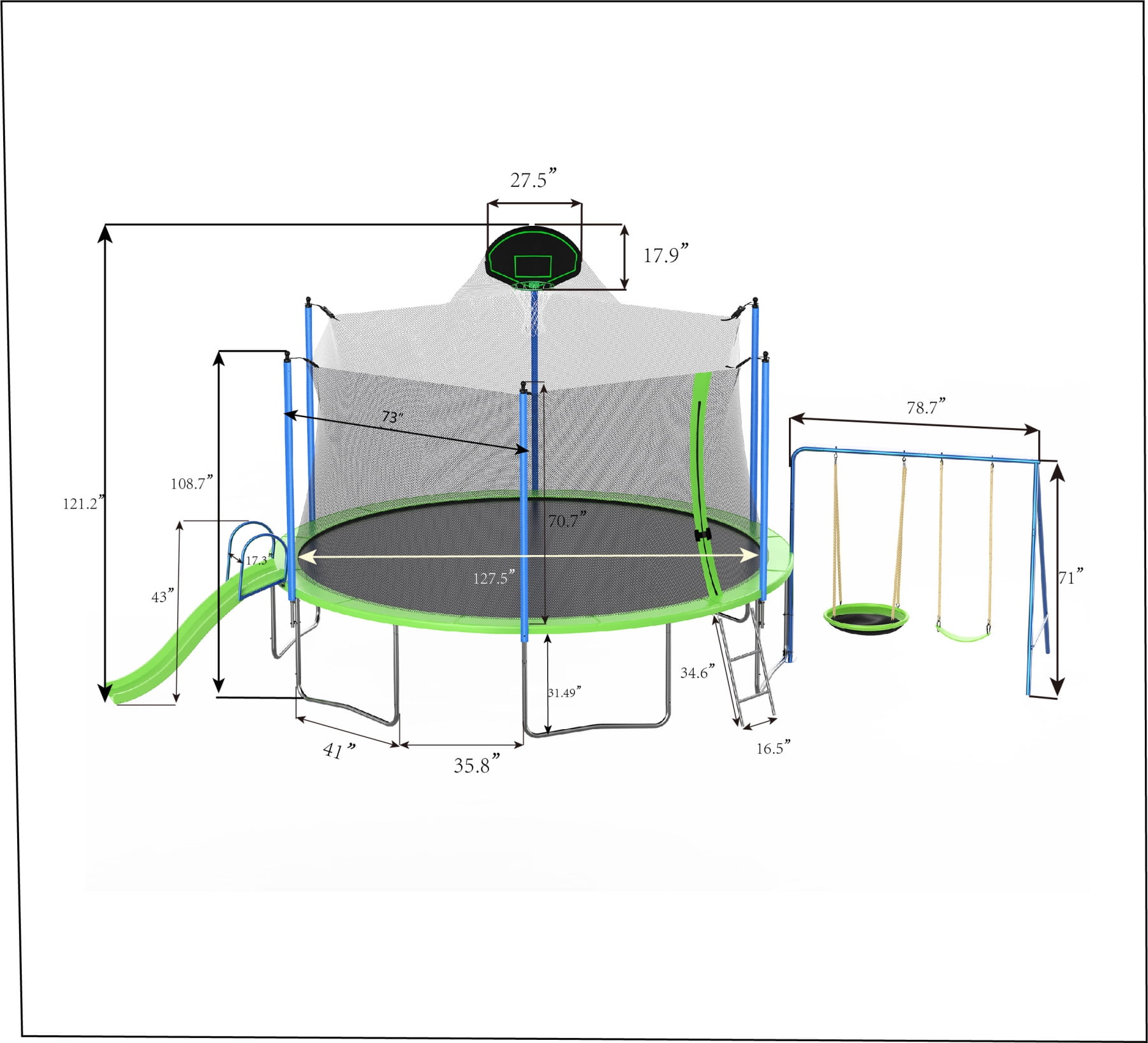 ARCTICSCORPION Trampoline with Slide Swings and Basketball Hoop, Green, 254.00" x 144.00" x 121.20"