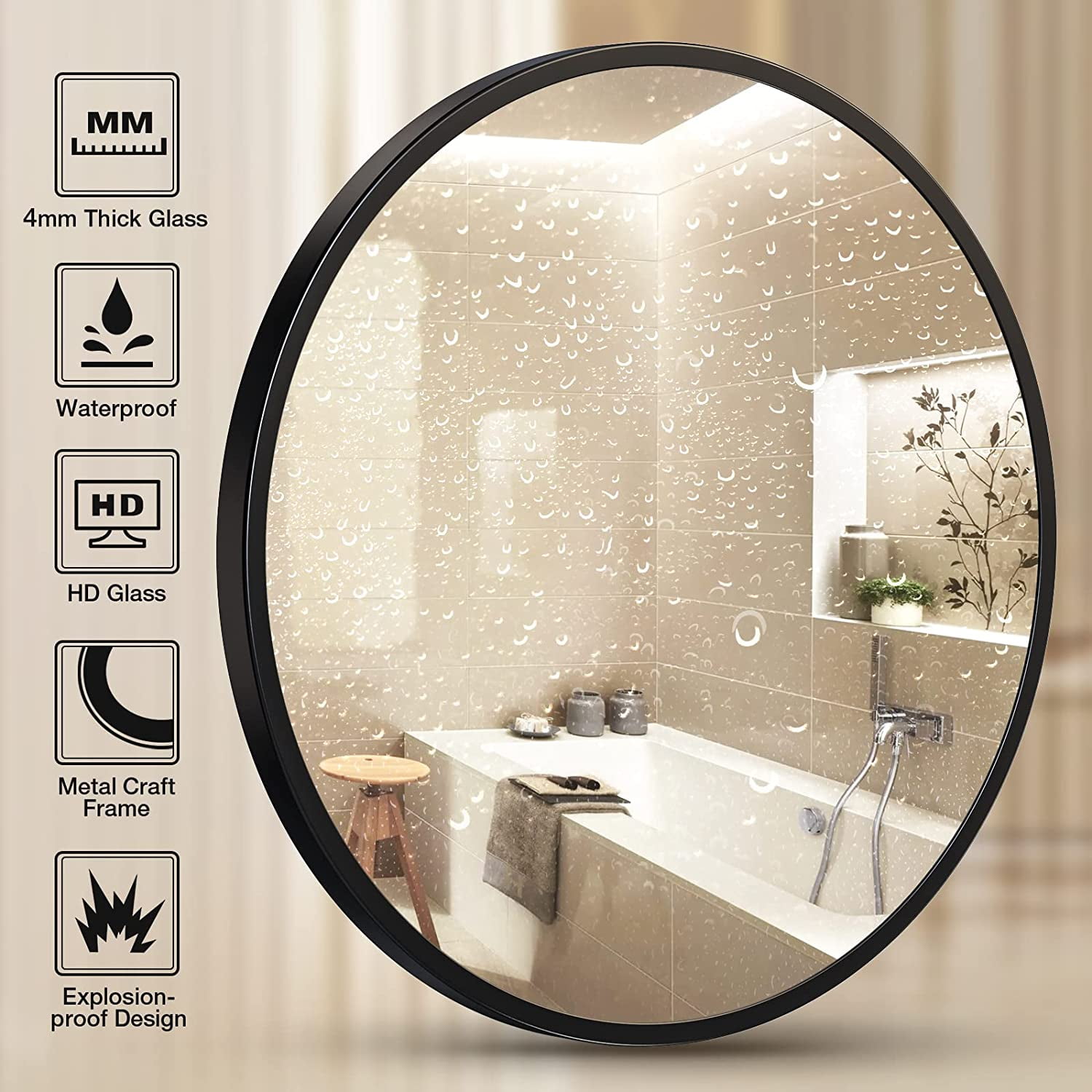 Scifil Black Round Mirror, 24 Inch Bathroom Wall Mirror, Modern Round Circle Wall Vanity Mirror with Metal Frame for Home Decor, Easy Hanging