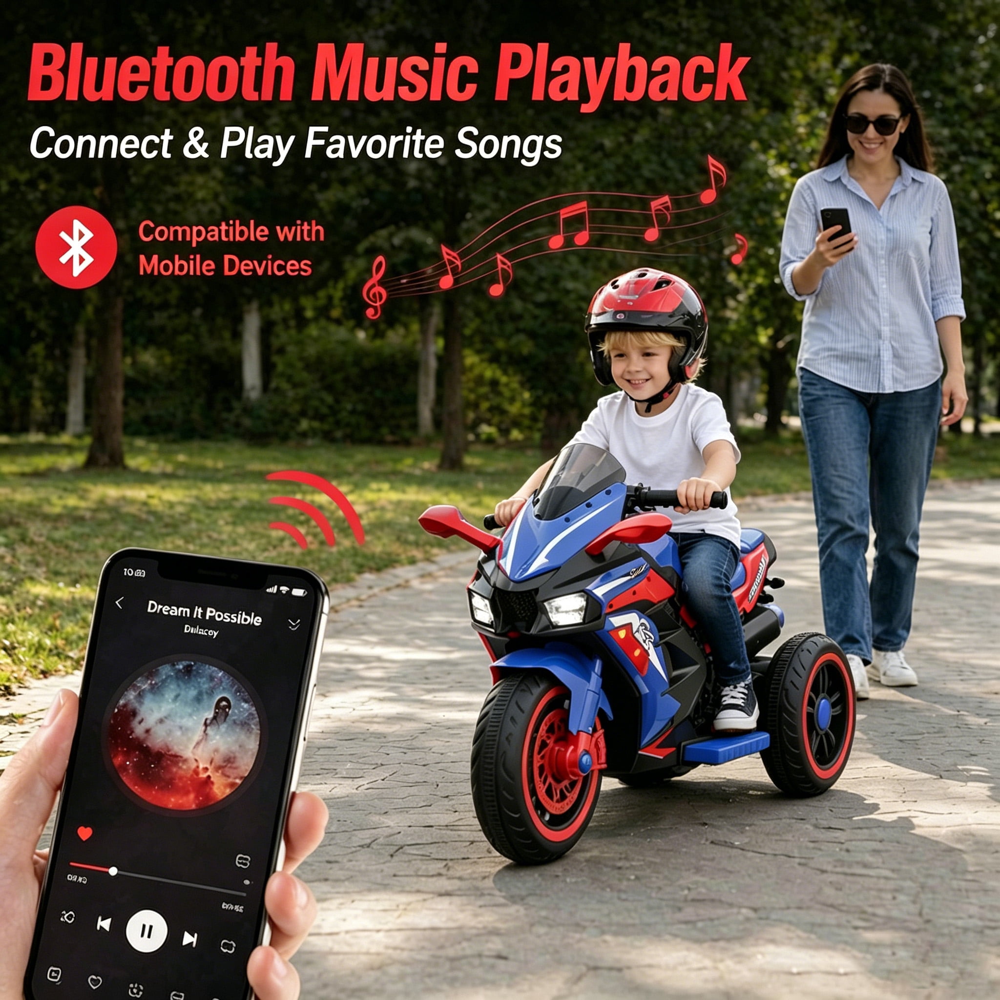 HNH Kids Motorcycle for Kids 3-6, 12V Battery Powered Bike Electric Motorbike with Remote Control, LED Lights, Bluetooth Music, Ride on Toys