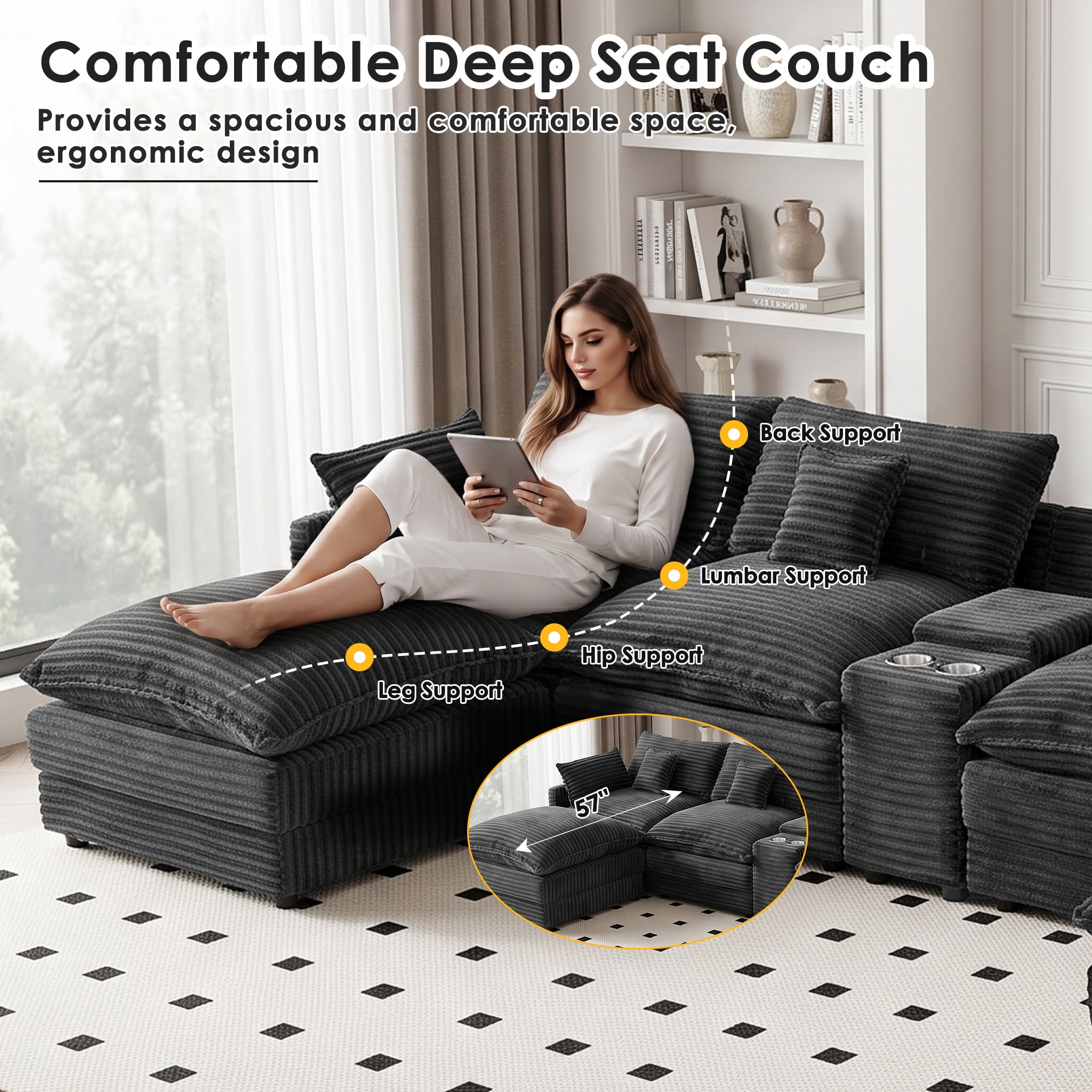 Wakefit 141" U Shaped Sectional Couch, Oversized Modular Sectional Sofa, 5 Seater Corduroy Cloud Couch with Hidden Storage, USB Ports & Cup Holders for Living Room, Dark Gray