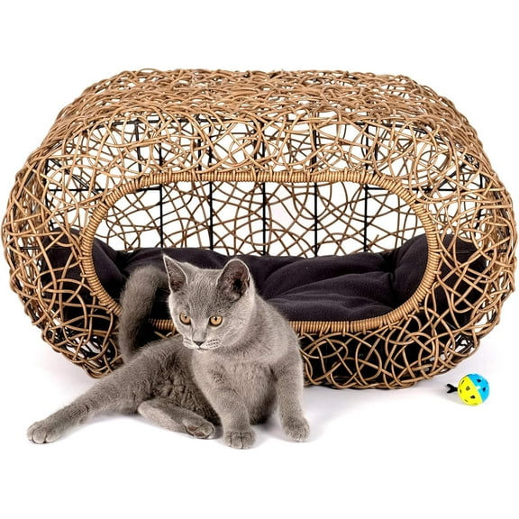 Fun Stackable Cat Condo for Indoor Cats - Interactive Play Faux Rattan Cat House for Indoor Cats Kitty, Pet Friendly Top/Side House Entry, Cat Bed Enclosed