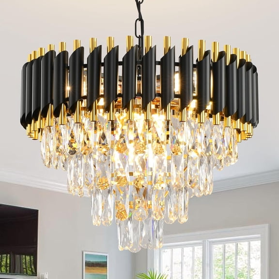 Gold Modern Crystal Chandeliers 4-Tier K9 Round Black and Gold Crystal Chandelier Light Fixture 7 Lights Hanging Pendant Ceiling Light Fixture for Dining Room Living Room Bedroom Entryway Foyer W20in