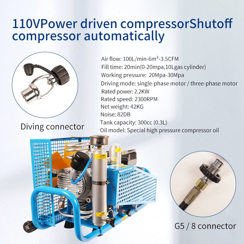 TUDIVING PCP Air Compressor, 4500psi/300bar High Pressure Auto stop Air Pump, 100L/min Air Flow Diving Compressor, Built-in filter for Scuba Tank Paintball, 110V