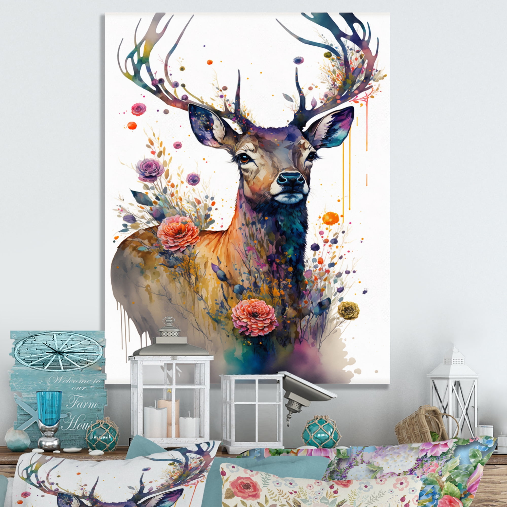 Designart Cute Deer Floral Art I Canvas Wall Art