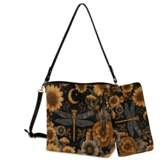 DISNIMO Dragonfly and Floral Pattern Satchel Bags for Women, Lightweight Womens Wristlet Wallets, Large Capacity PU Leather Crossbody Purse Wallet Sets for Women for Daily Use
