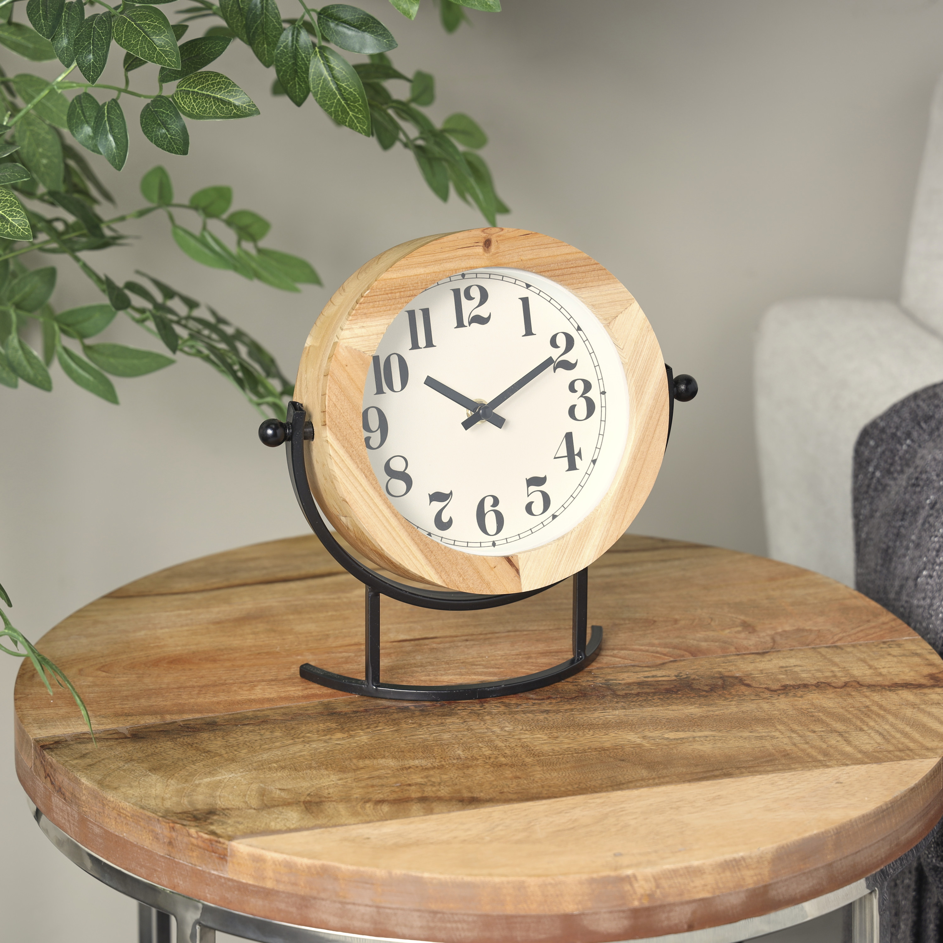 DecMode 10" Light Brown Wood Clock with Curved Black Metal Stand and Ball Details