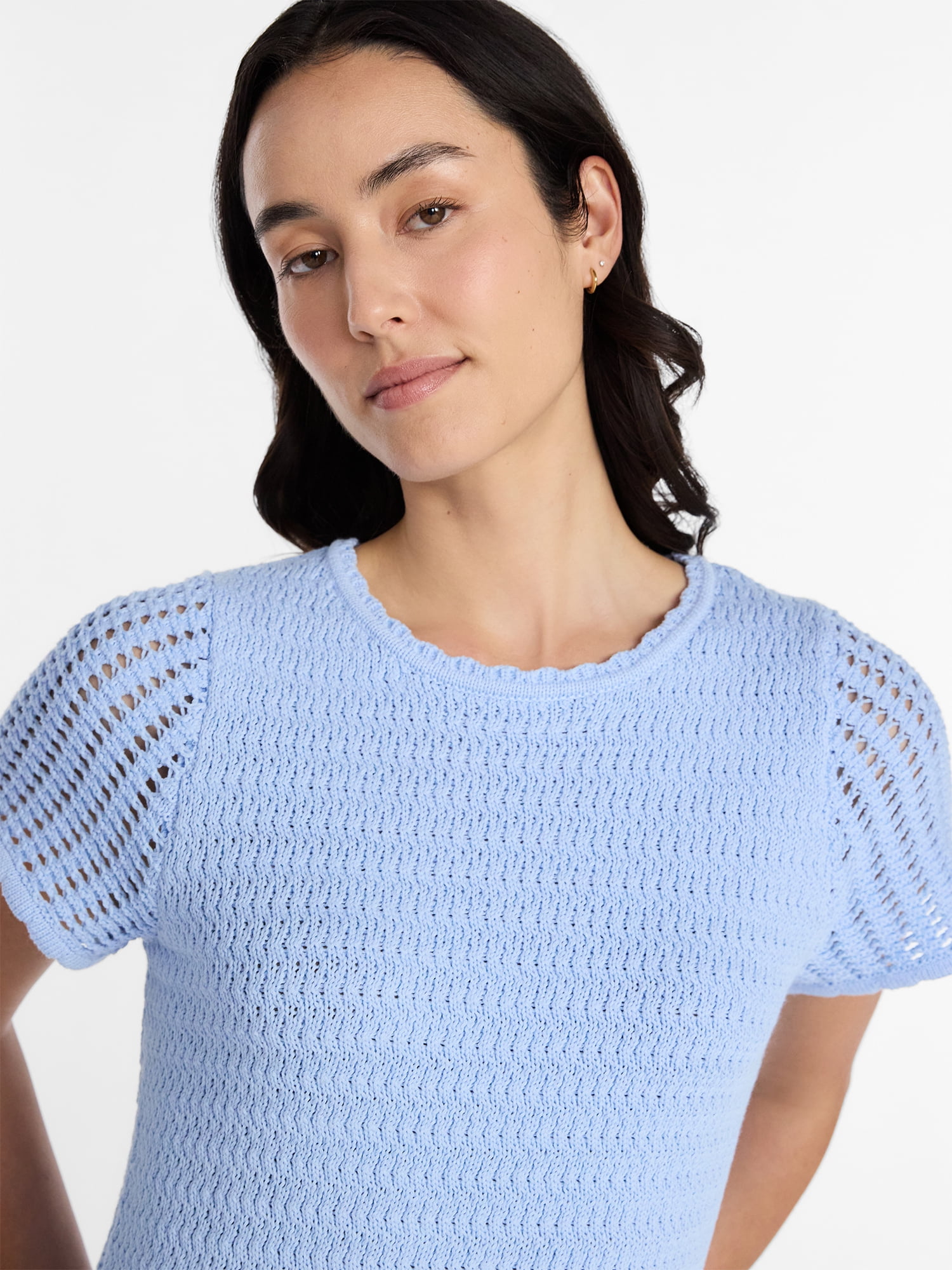 Time and Tru Women's Textured Crewneck Sweater with Short Sleeves, Lightweight, Sizes XS-XXXL