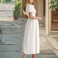 thumbnail image 3 of Women's Puff Sleeve V Neck Party Dress Plain Pleated High Waisted Wedding Guests Midi Dresses Fall Fashion Clothes, 3 of 4