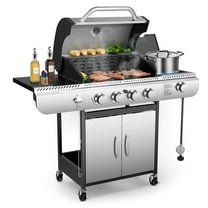 4-Burner Propane Gas BBQ Grill with Side Burner, Porcelain-Enameled Cast Iron Grates, and Baking Pan (42,000 BTU). Ideal for Outdoor Cooking and Patio Barbecues.