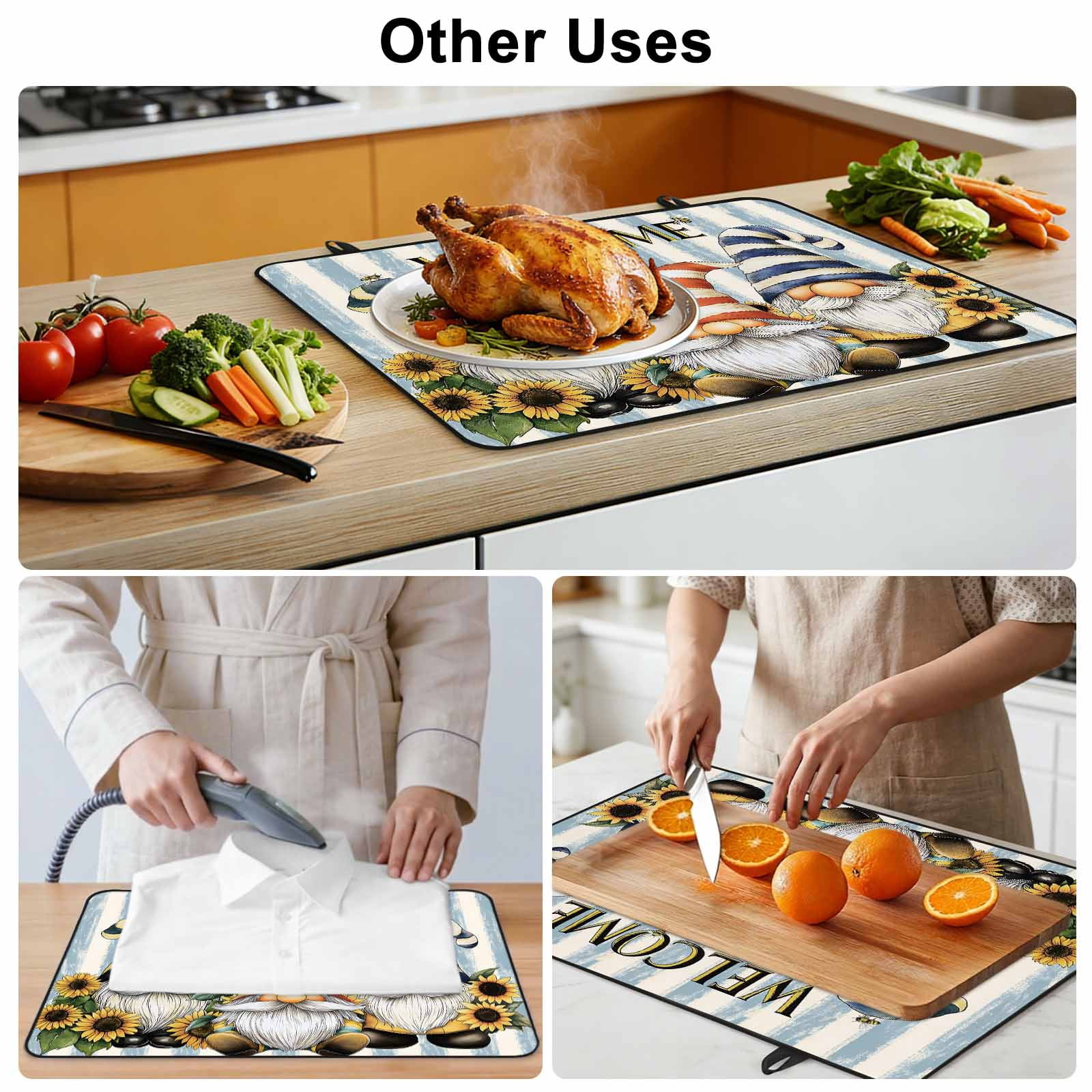 Sunflower Gnomes Stove Top Cover for Electric Stove, Heat-proof & Non Slip Glass Top Stove Cover Protector, Farmhouse Striped Bee Yellow Summer Flower Kitchen Flat Cooktop Rubber Mat 31x24 Inches