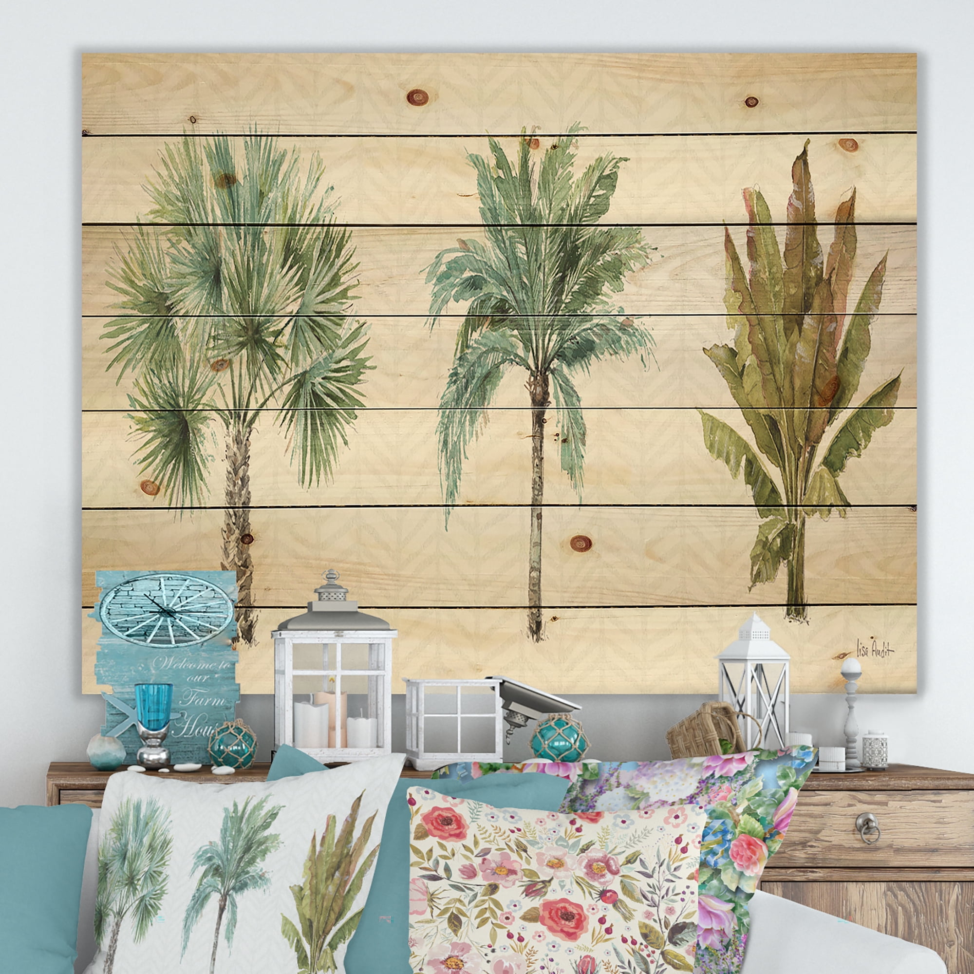 Designart 'Botanical Mixed Green Palms I' Farmhouse Print on Natural Pine Wood