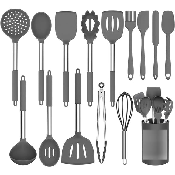 CZQ Silicone Cooking Utensil Set,Umite Chef Kitchen Utensils 15pcs Set Non-stick Heat Resistan BPA-Free Stainless Steel Handle Tools Whisk - Grey