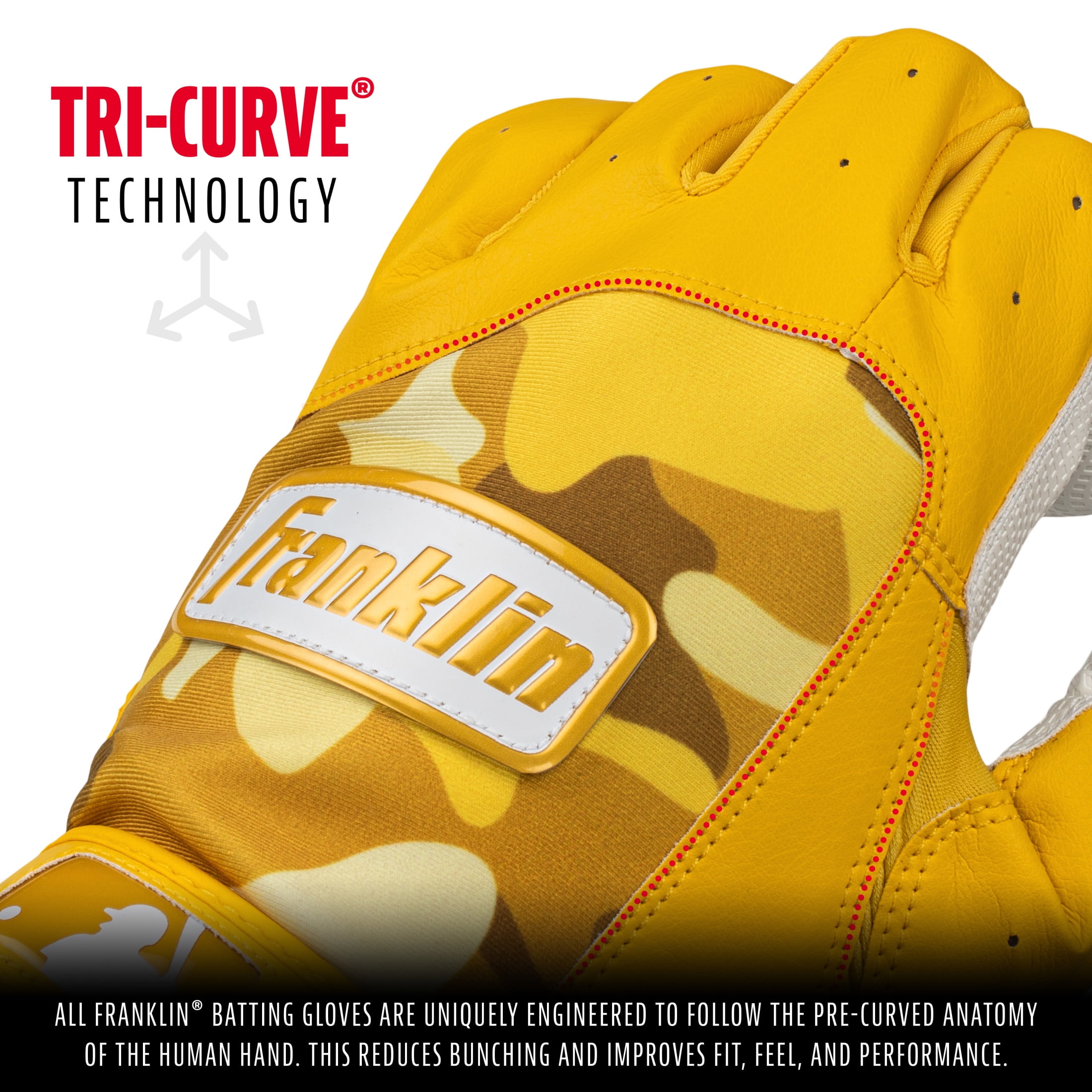 Franklin Sports MLB Batting Gloves - Digitek Camo Baseball + Softball Batting Gloves - Premium Leather Baseball Batting Gloves - Batting Glove Pair - White + Yellow - Adult Large