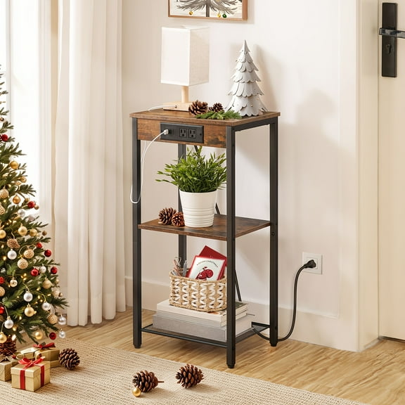 Tall End Table With Charging Station, 29.7 Inch Small Tall Side Table, 3-Tier Telephone Table, Small Entryway Table, High Nightstand For Living Room, Bedroom, Hallway, Rustic Brown, Black