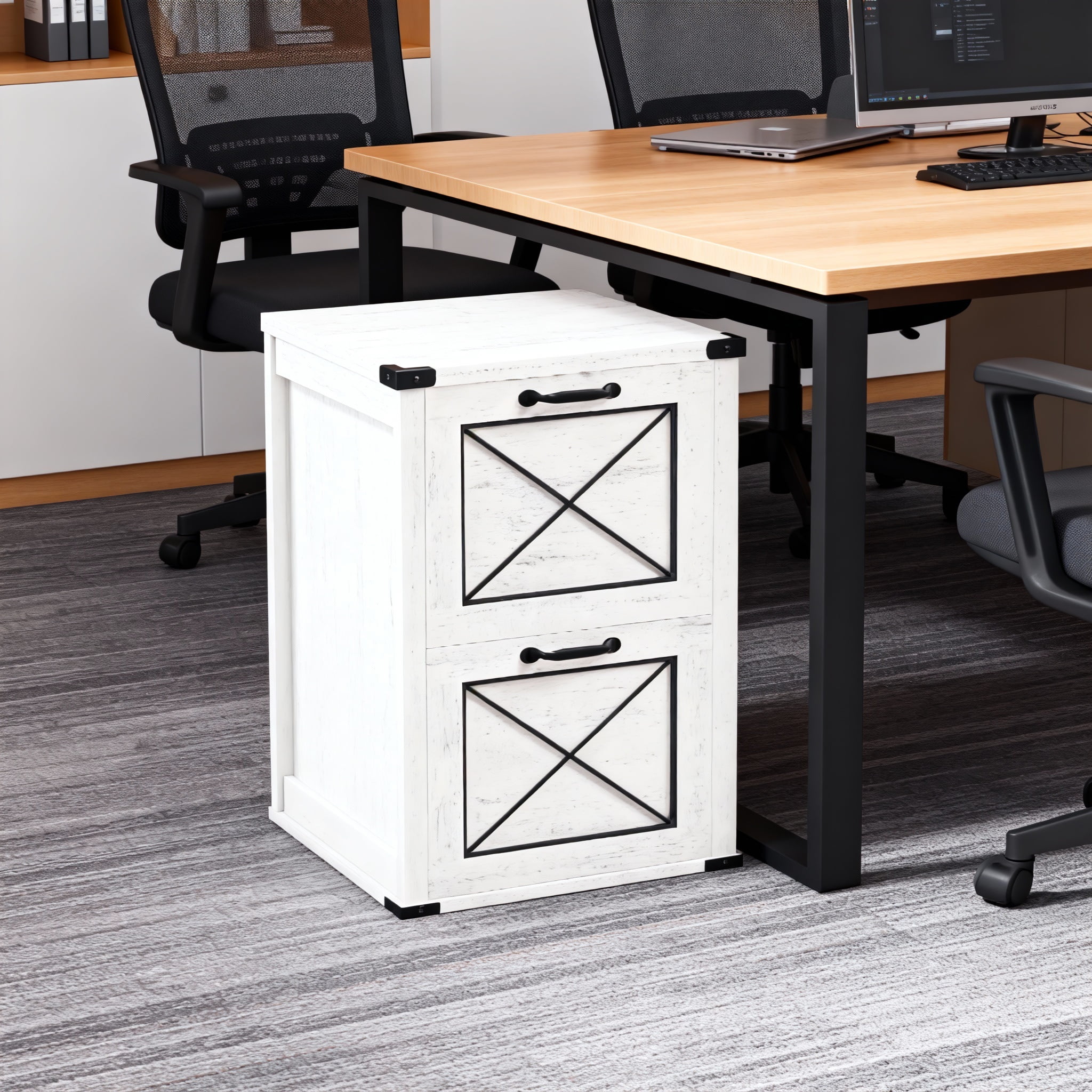 LEDREM 2-Drawer File Cabinet with Hanging File Folders, Modern Farmhouse Office Cabinet and Printer Stand, Fits A4 & Letter Size, Rustic White