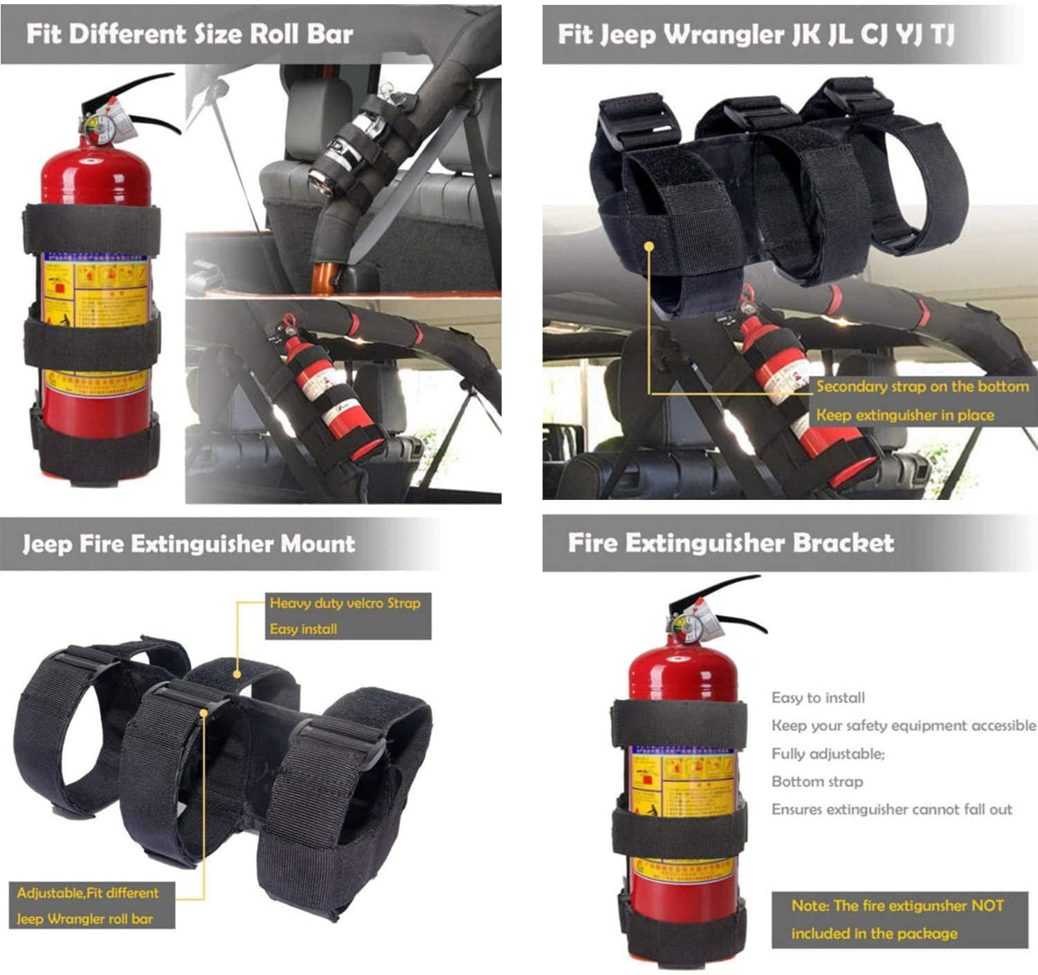 PENGXIANG Black Roll Bar 3 lb Fire Extinguisher Holder Mount Strap for Jeep Wrangler Unlimited