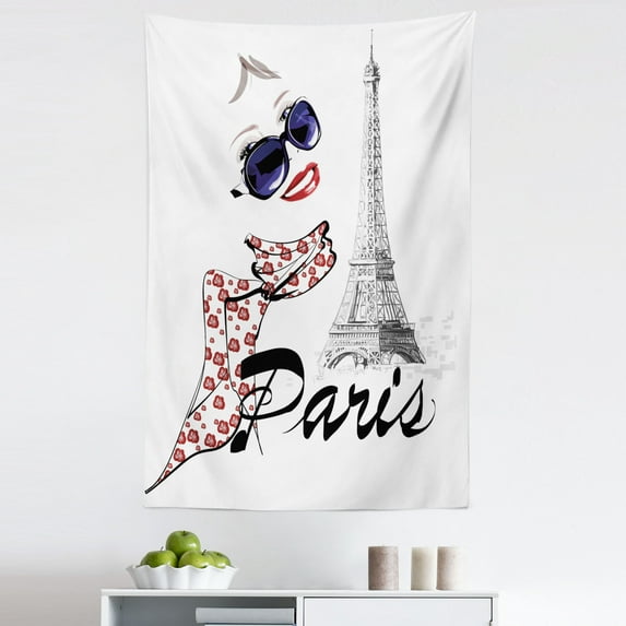 Paris Tapestry, Sketchy Image of a Woman Smiling with Scarf and Landmark Eiffel Tower, Fabric Wall Hanging Decor for Bedroom Living Room Dorm, 5 Sizes, Dark Blue White, by Ambesonne
