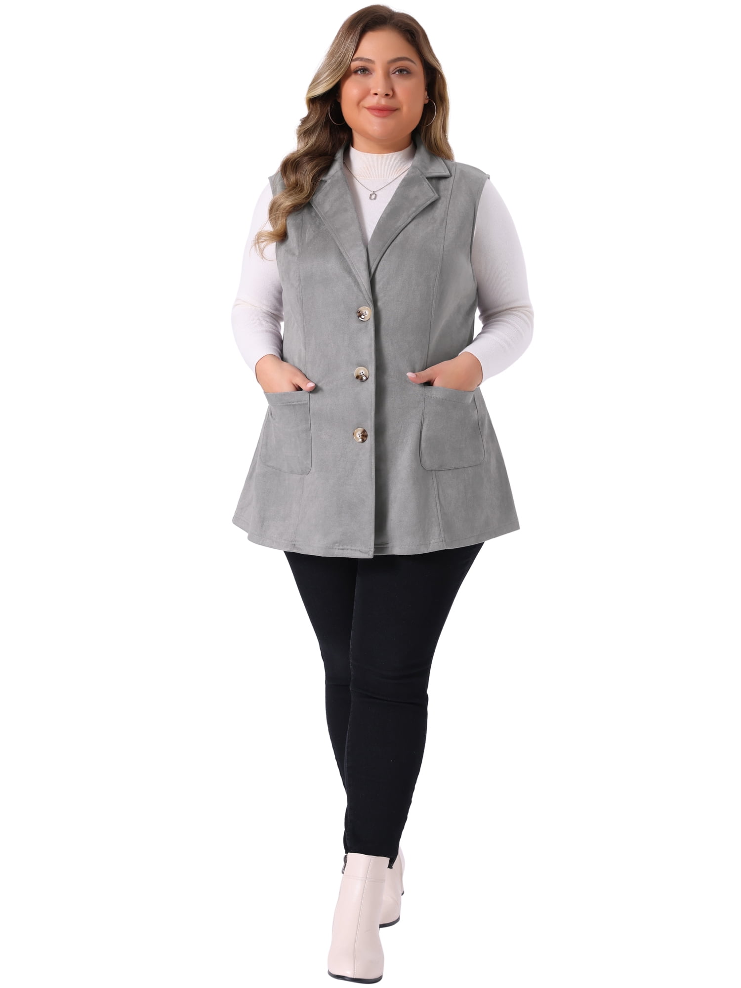 DARING DIVA Women's Plus Size Lapel Sleeveless Lightweight Suede Vests 2X Grey