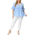 thumbnail image 2 of Unique Bargains Women's Plus Size Blouse Short Sleeve Sweetheart Neck Female Peplum Top 1X Blue, 2 of 5