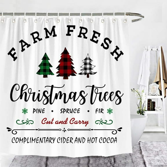 Newhomestyle Christmas Shower Curtain Farm Fresh Buffalo Check Plaid Christmas Trees Shower Curtain Rustic Farmhouse Bathroom Decor with Hooks 72 x 72 Inches
