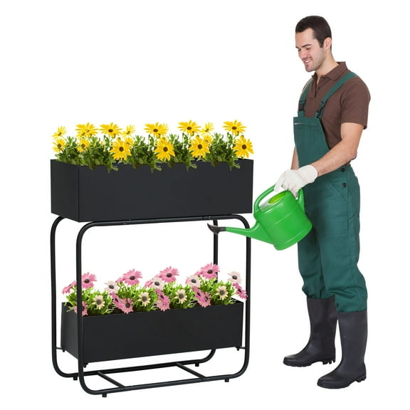 Kinbor 2-Tier Metal Elevated Planter Box with Drain Holes-Double Garden Raised Planter Beds, Heavy Duty Flower Box Stand, Black