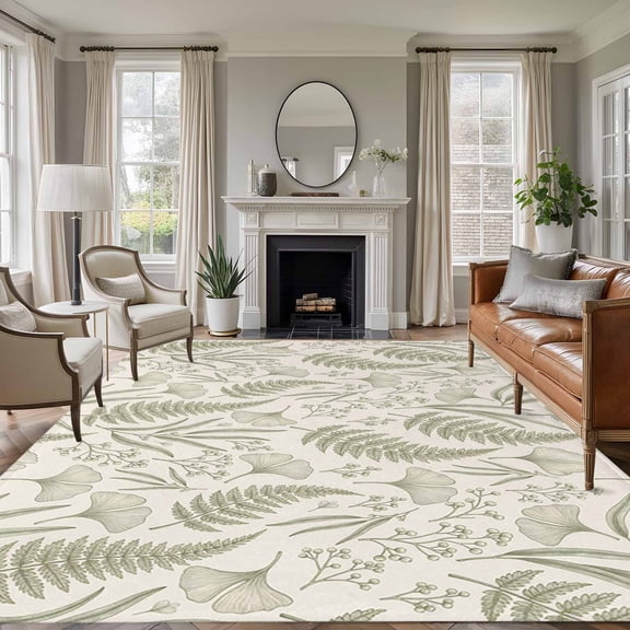 Area Rug for Living Room, Botanical Green Non-Slip Indoor Large Carpet for Bedroom/Dining Room, Farmhouse Vintage Country Plant on Linen Washable Low-Profile Rectangle Floor Runner Rugs - 5 x 7 Ft