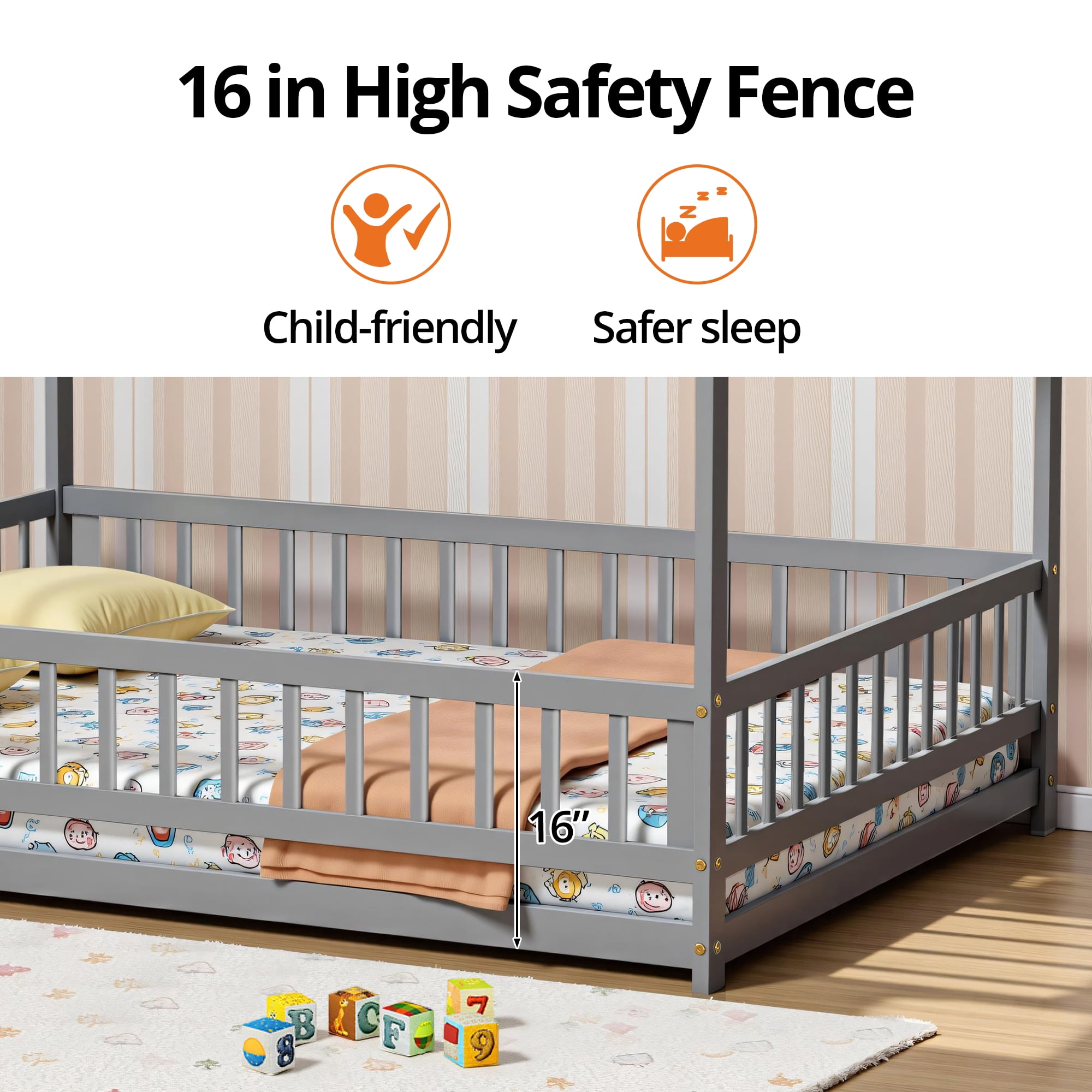 Full Size House Shaped Floor Bed with Fence and Door, Montessori House Bed Frame with Safety Guardrails, Mattress Not included, Gray