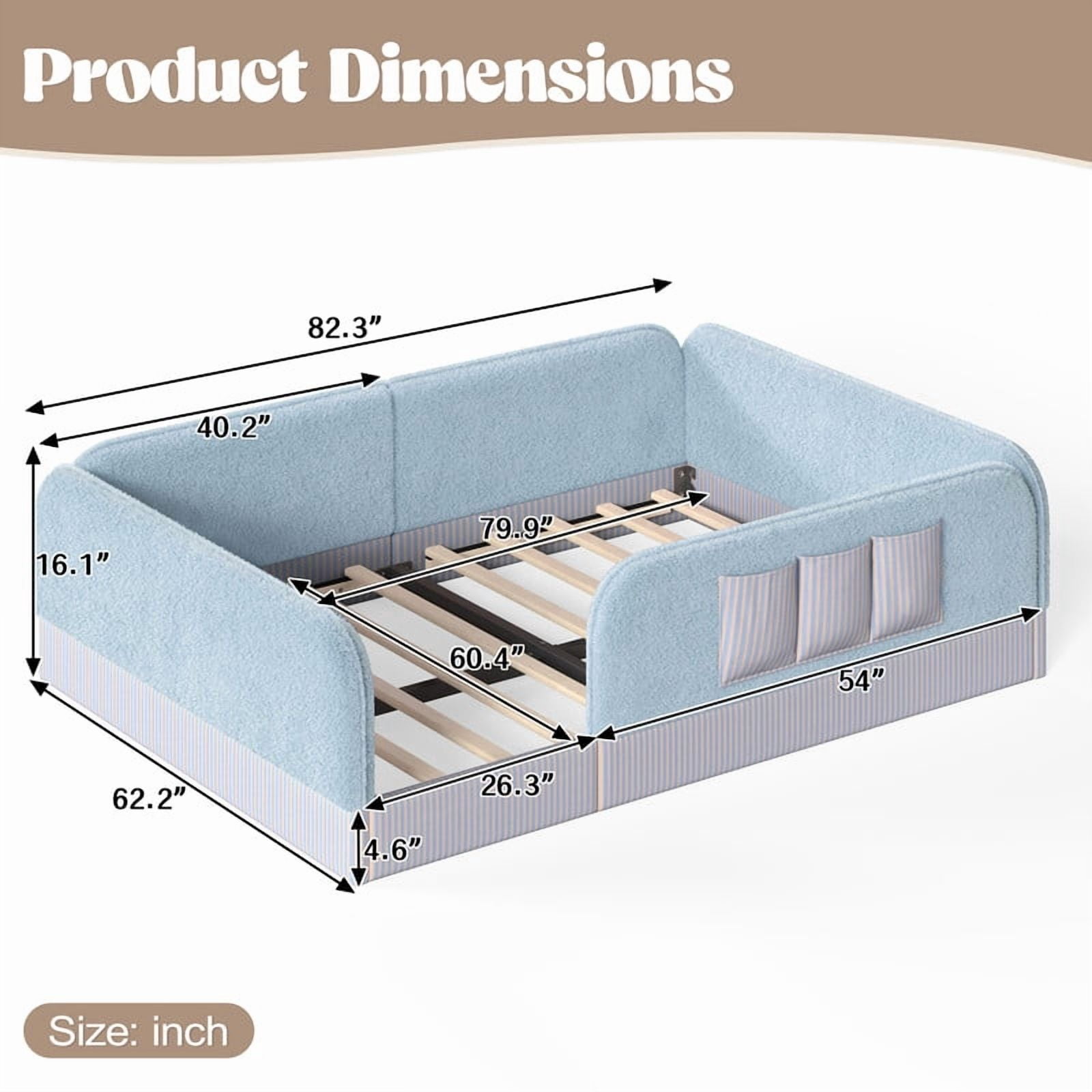 Queen Size Kid's Upholstered Floor Bed Frame, Montessori-Style Low Profile Platform Bed with Safety Guardrail & Storage Pockets