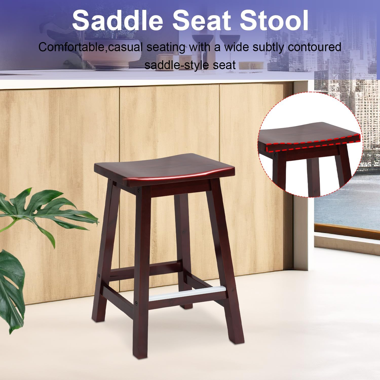 FDW Bar Stools Set of 2 for Kitchen Counter Solid Wooden Saddle Stools 24-Inch Height (Brown, 24 in)