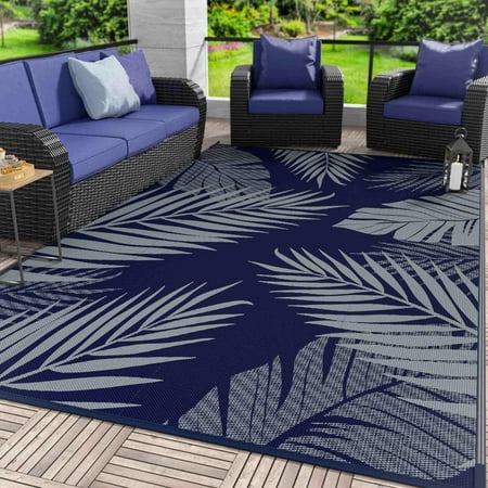 DEORAB 5 x8  Outdoor Rug Patio Clearance Waterproof Outside Mat Reversible Plastic Camping Blue&Grey