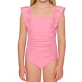 thumbnail image 2 of Girls 1 Piece Swimsuit, Ruffle Sleeve Ruched Monokini, Solid Color Square Neck Swimwear for Kids, Beach, 2 of 4
