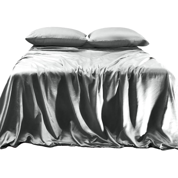Elegant Comfort Luxurious 4-Piece Silky Satin Sheet Set Cooling Soft Satin Sheet Set, Cali King, Gray