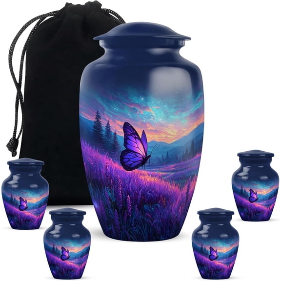 Purple Butterfly Urns for Human Ashes Adult Female, Burial Urn for Ashes Adult Male, Cremation Urn for Human Ash Male, Keepsake Urns for Ash,(Size 10 & 3 Inch Set of 5)